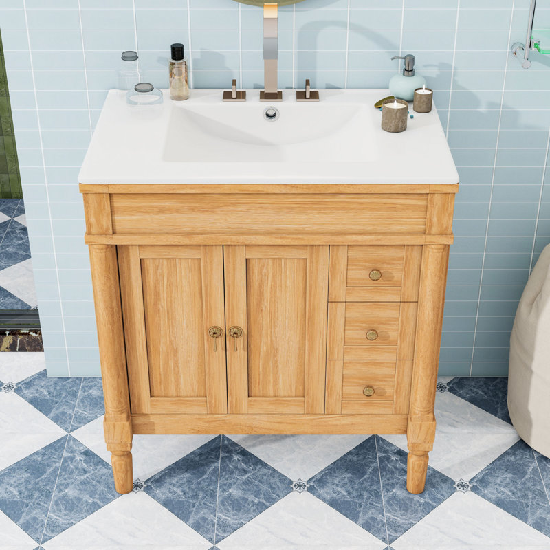 Meuble-lavabo de salle de bain avec lavabo en céramique, portes à fermeture douce, 3 tiroirs et tablette réglable, Bois