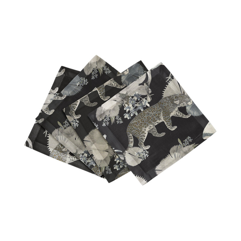 Leopard Walk Hemstitch Cocktail 6" Linen/Cotton Napkin, Black