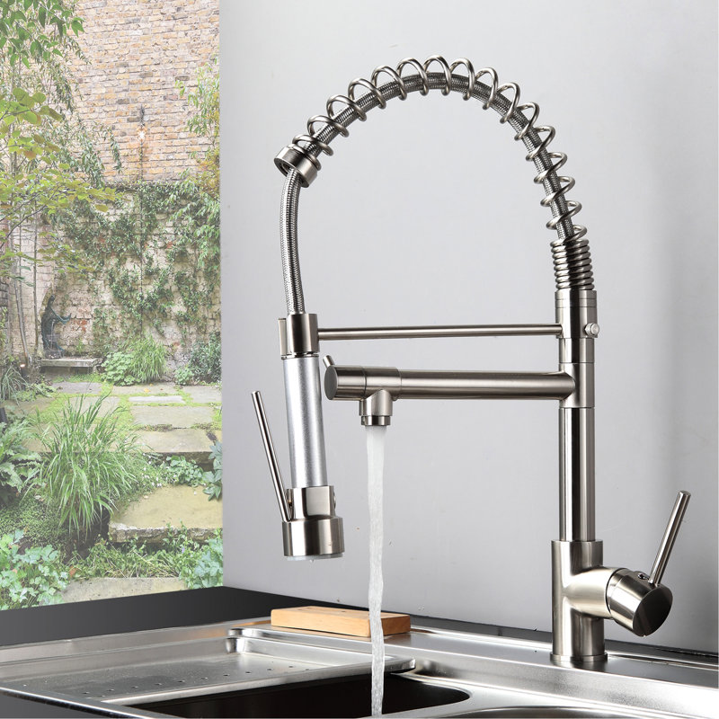 Hot And Cold Kitchen Sink Faucet, Pull Down , Brushed Nickel, Single Handle, Faucet In Solid Brass, Contemporary Look