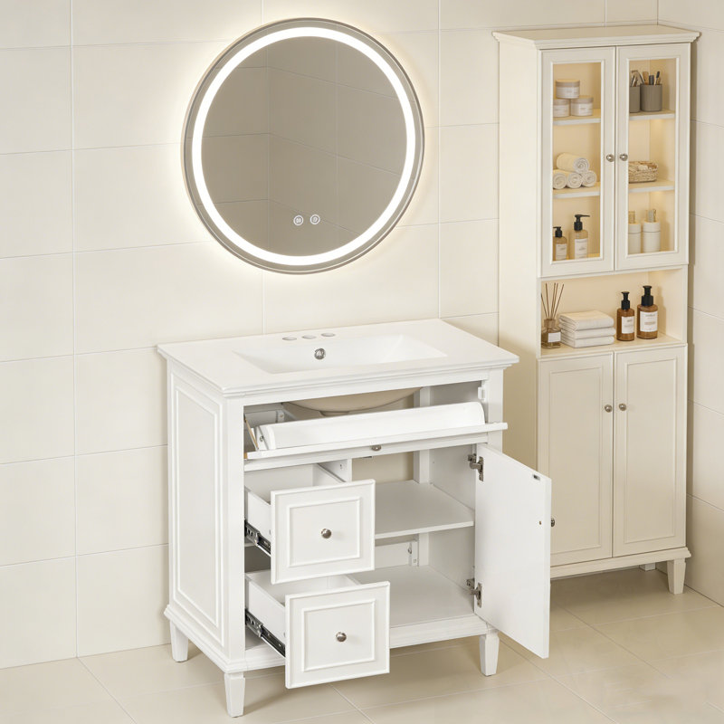 Meuble-lavabo de salle de bain avec lavabo, un tiroir rabattable et deux tiroirs, Blanc