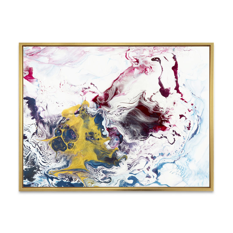 Art liquide jaune et rouge - reproduction sur toile, H 30 po x l 40 po x P 1,5 po, Cadre flottant doré