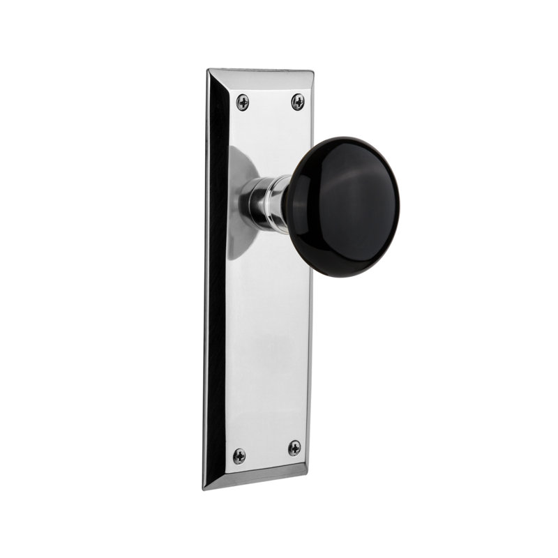 New York Plate with Black Porcelain Door Knob, Bright Chrome