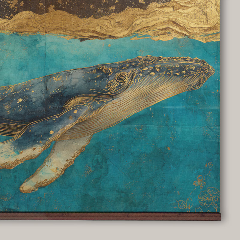 Art mural sur toile de baleine bleue - tapisserie de baleine côtière, H 32 po x l 48 po