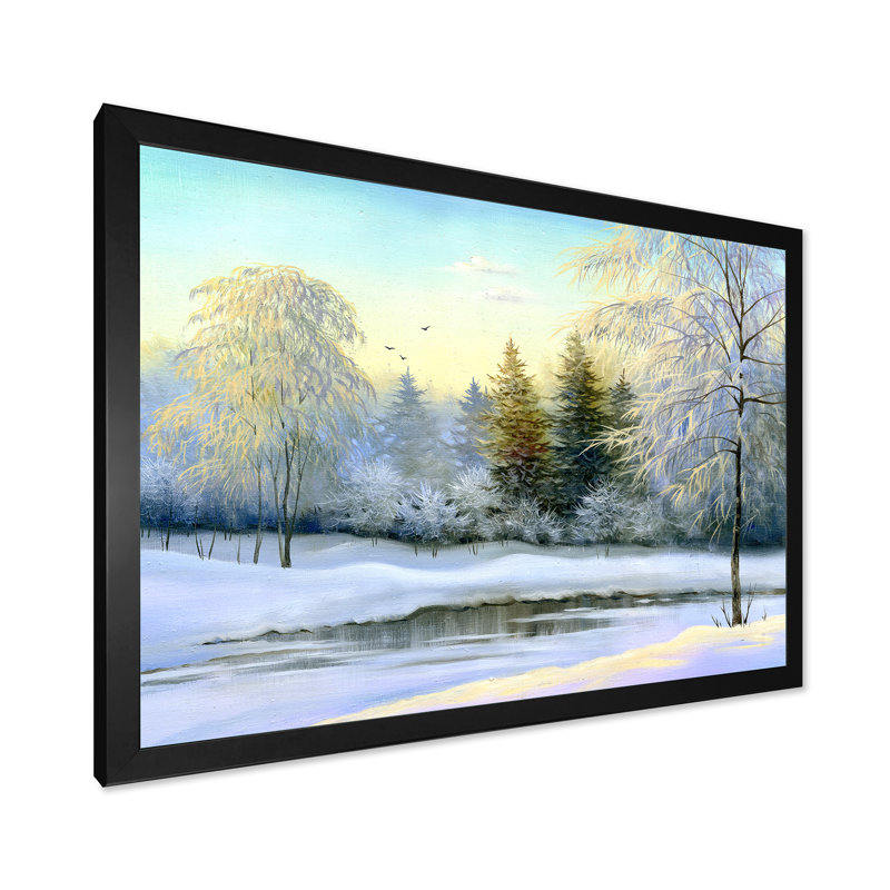 Paysage, arbres verts, peinture sur toile d'hiver, Cadre photo noir, H 12 po x l 20 po x p 1 po