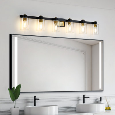 Éclairage pour salle de bain 50 po à 6 lumières noir et or avec abat-jour en verre