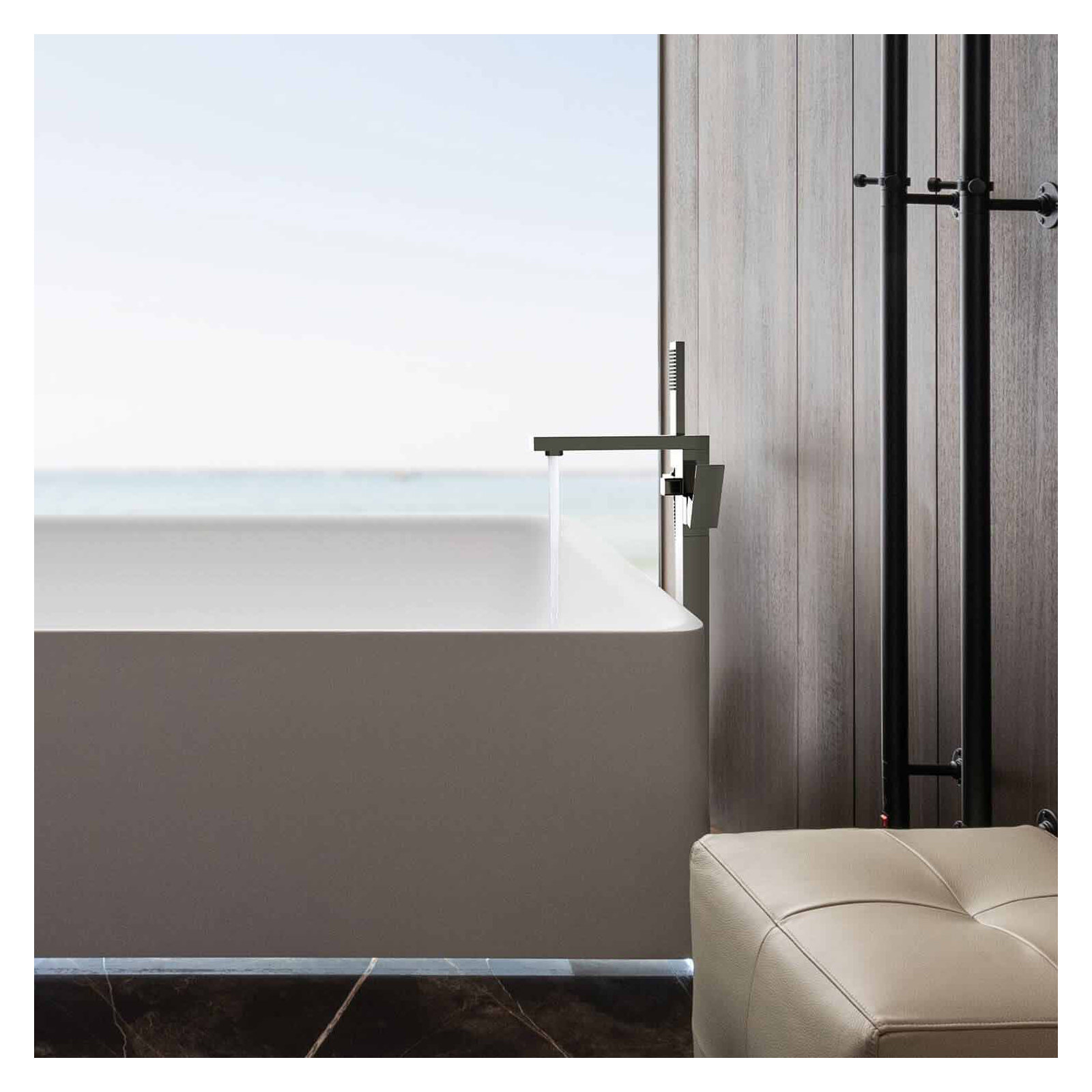 Cube Floor Tub Spout with Diverter, Brushed Nickel