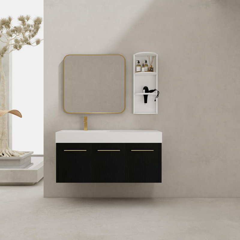 Meuble-lavabo mural 48 po avec lavabo et support de rangement, lavabo à rebord épais en résine gauche, ensemble KD