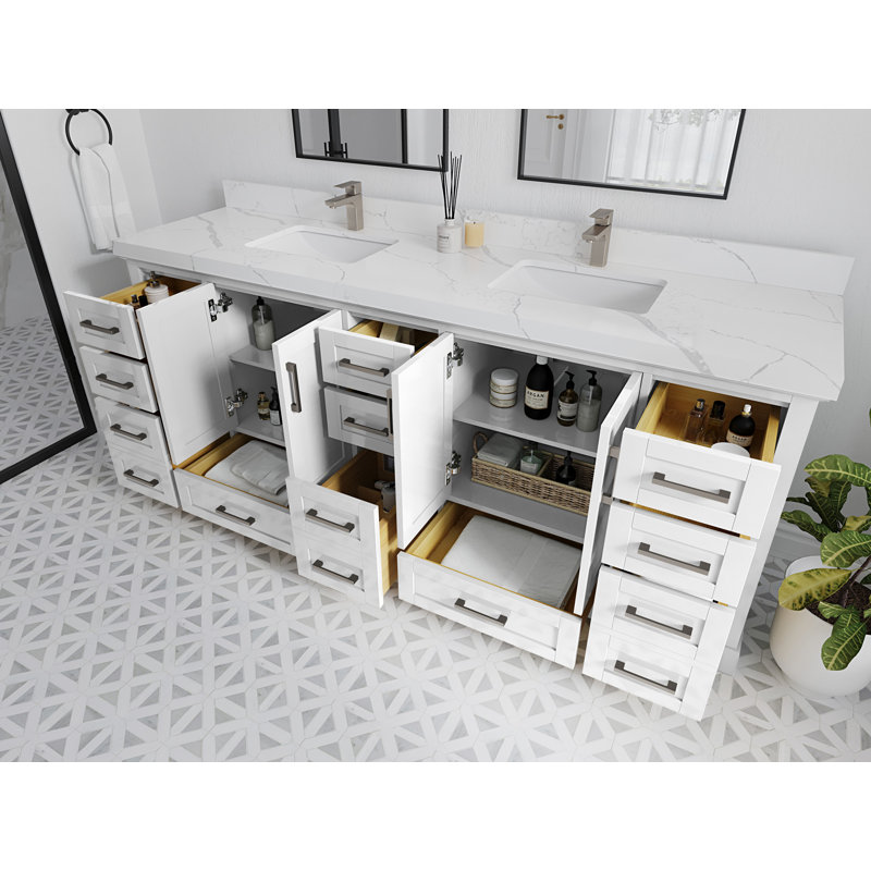 Eser 84'' Double Bathroom Vanity with Top, White, Calacatta Nuvo Gray Quartz
