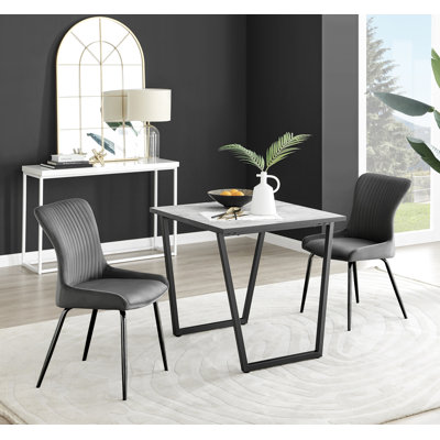 Industrial Design White & Grey Marble Effect Melamine Dining Table and 2 Velvet Dining Chairs