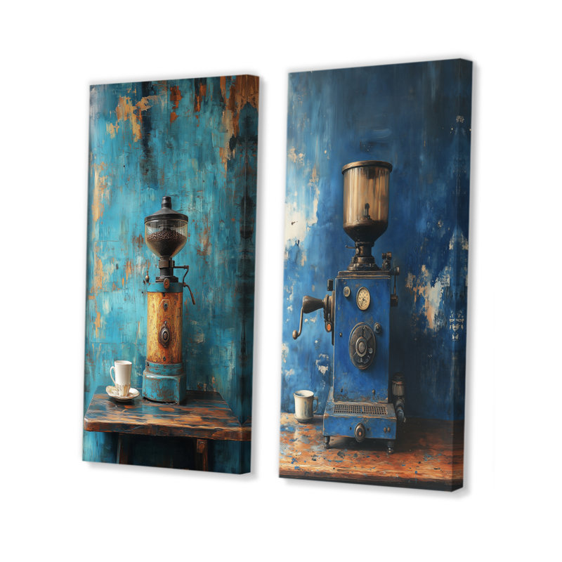 Ensemble de 2 moulins à café Blue VIntage Blue I - Coffee Wall Art, Ne s’applique pas, Toile tendue sur cadre