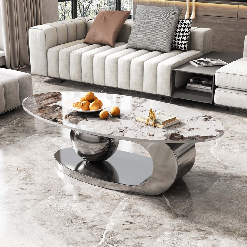 Table basse 51 pouces ovale en faux marbre pour salon avec base en acier inoxydable
