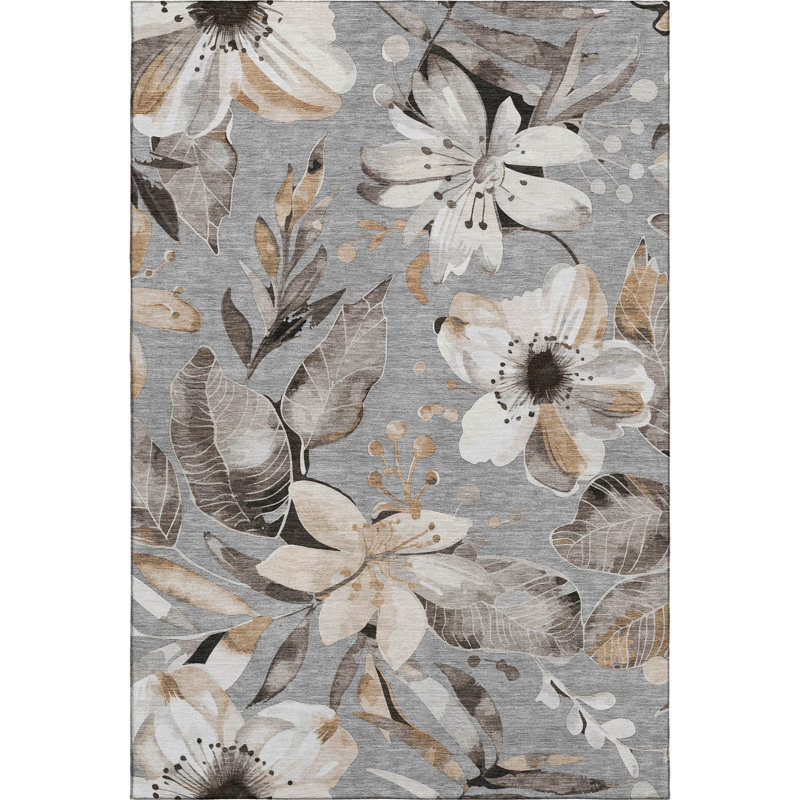 Premium Machine Washable Mayfield AMF2260 Floral Rug, Gray, 8' x 10'