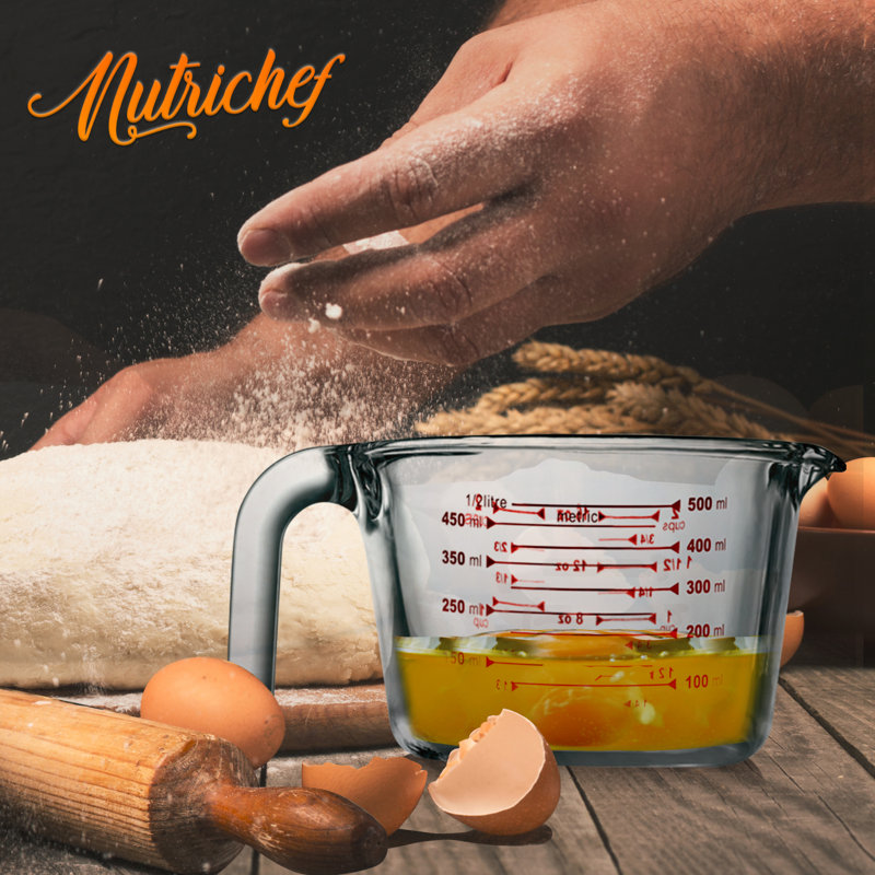 NutriChef 500 ml Clear Borosilicate Glass Measuring Cup with Decal Scale