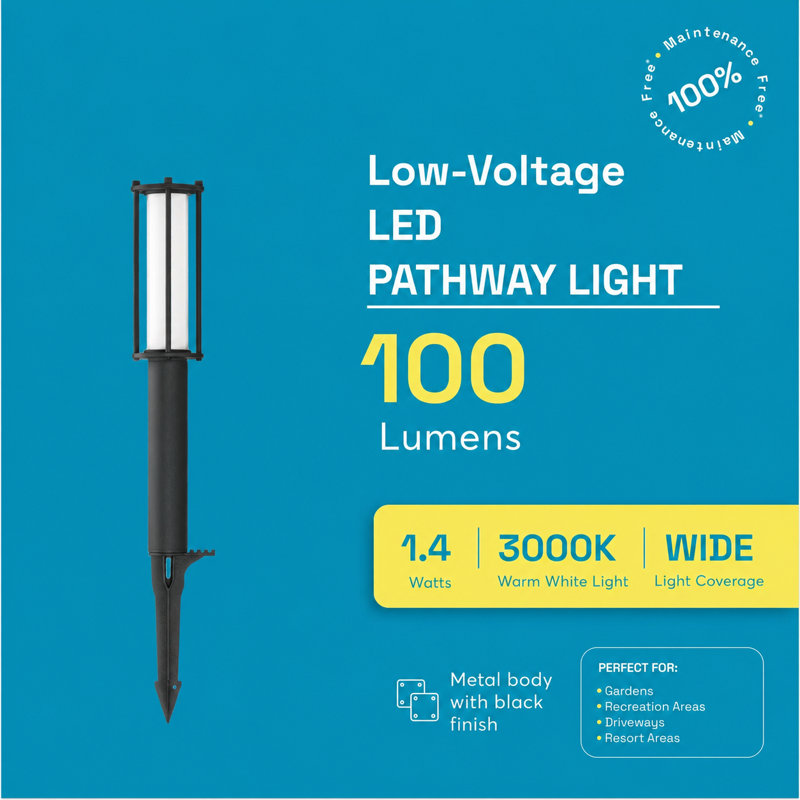 Low Voltage LED Bollard Pathway Light, 1.4W, 100 Lumens, 3000K, IP65 Outdoor Path Lights Hard Wired, Traditional Path Lights - Black