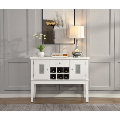 White Server With Simple Contemporary Style, Faux Crystal Diamonds, Kd Legs, Side Metal Drawer Glide 1/2 Extension, Felt Lined, 7Mm Tempered Glass, Door Magnetic Strip, High Gloss Finish, Easy To