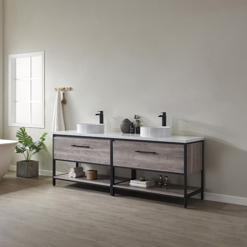 Ensemble de meuble-lavabo double 84 po Murcia, Blanc, Chêne gris / doré