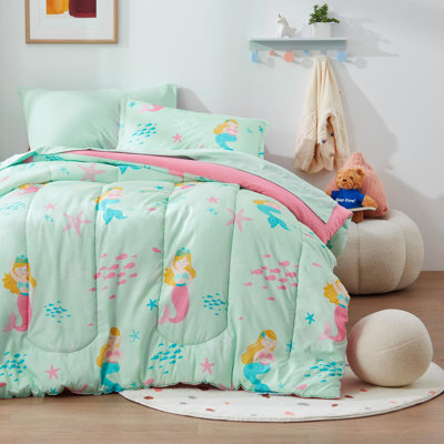 Ensemble d'édredon pour enfants, motif mignon et ensembles de literie super doux 2 pièces, toutes saisons, 1 édredon, 1 taie d'oreiller, résistant à la décoloration (princesse sirène, simple)