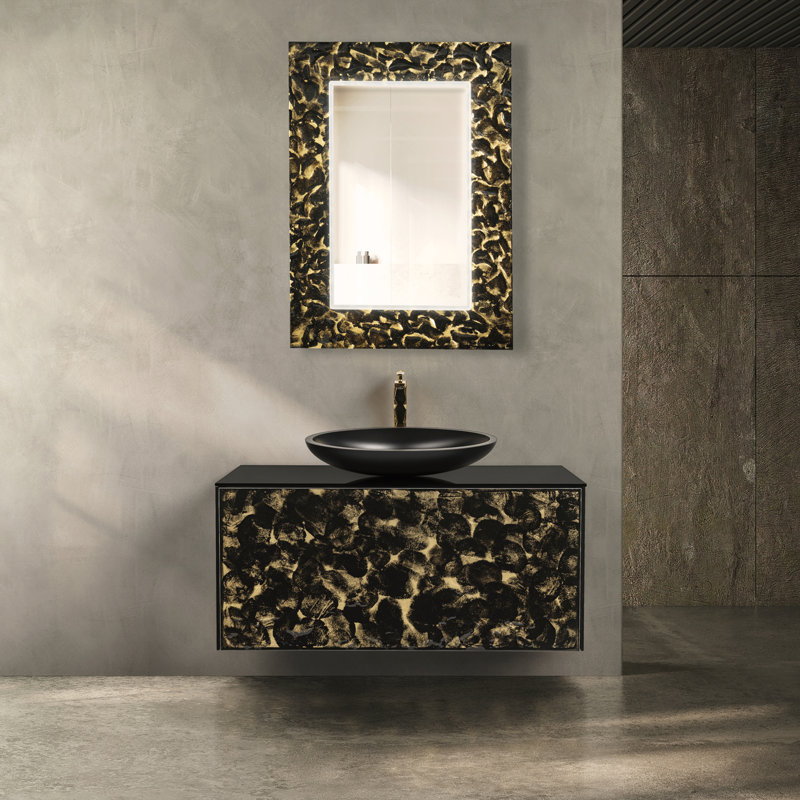 Meuble-lavabo mural de luxe en cristal Murano, 40", Noir et or
