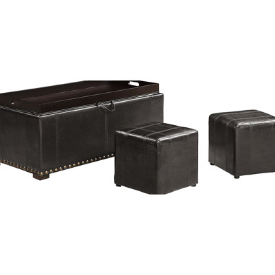 Black Leather Storage Bench With 2 Side Ottomans, Can Convert To Table, Suitable For Living Room, Nail Heads Appearance, 16" H X 39.68" W 40" D Bench, 13" 13.5" Ottomans Convertible Design,