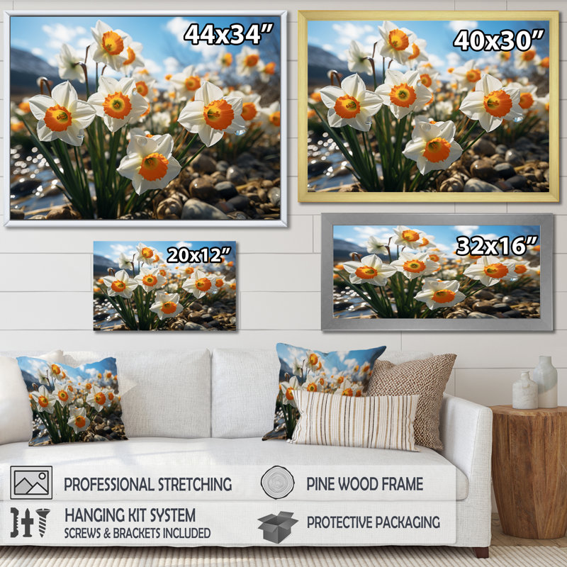 Daffodils Field Sunset III - Floral Canvas Art Print, Toile tendue, 34" H x 44" W