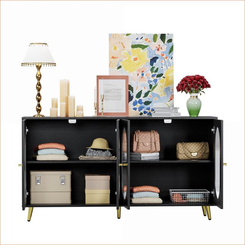 Armoires | Buffet moderne autoportant avec portes en acrylique, rangement fermé réglable, utilisation dans plusieurs pièces | Bois aggloméré + métal | Cuisine