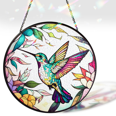 7.8" Green Hummingbird Stained Glass Suncatcher, Bird Suncatcher for Window Hanging, Gift for Mom, Grandma, Women, Friend, Bird Lover P-SC-M114-SG8