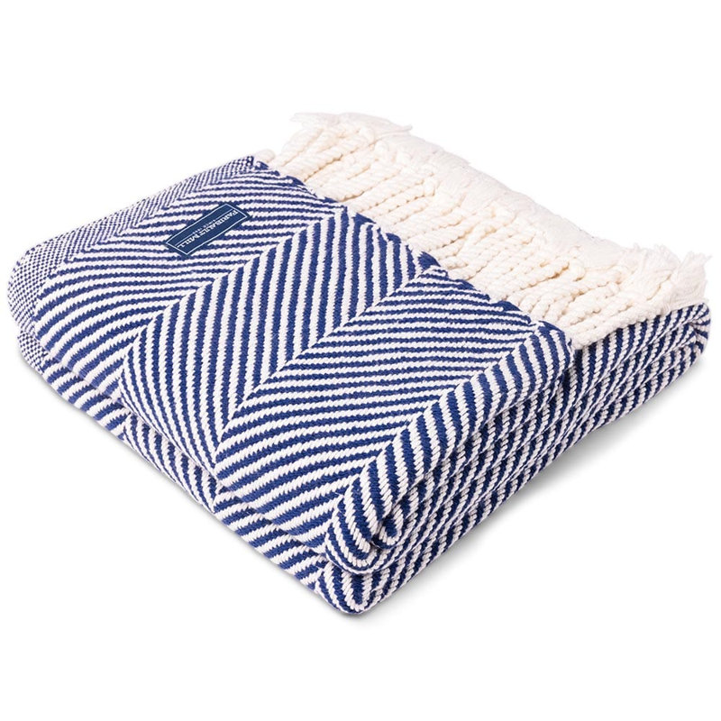 Monhegan Cotton Throw With Fringe, Navy Chevron