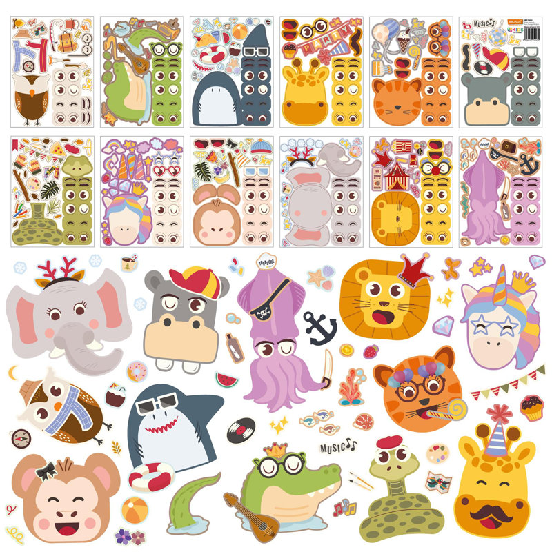Party Animals Face Design Kids Stickers - 48 Sheets with Animals Pack