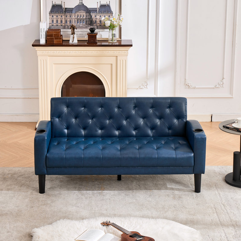 Causeuse capitonnée en similicuir de 62 po avec ports USB Jabryson , Bleu
