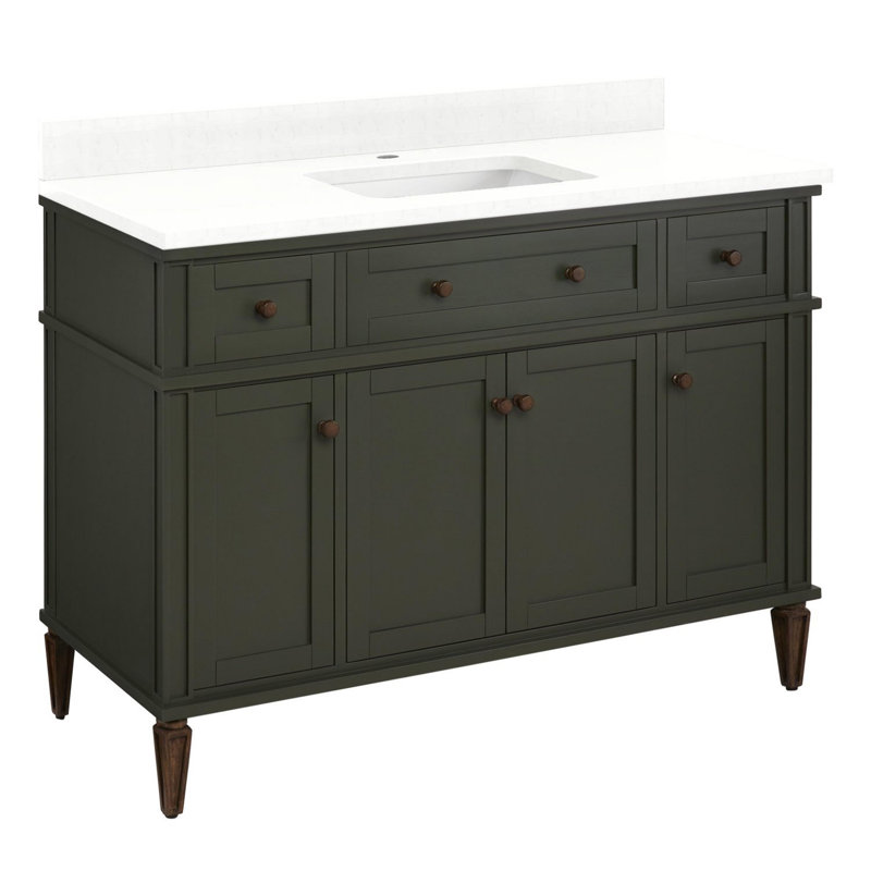 48" Elmdale Vanity for Rectangular Undermount Sink, Feathered White Quartz, Dark Olive Green, Single-Hole