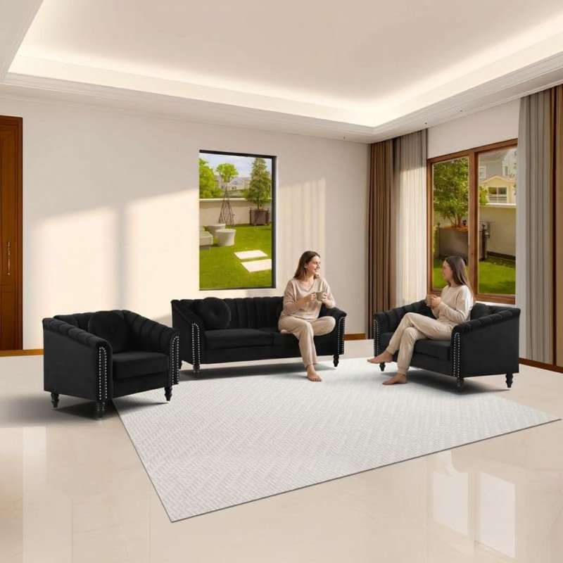 Ensemble de salon en microfibre noir 3 pièces Premium | Rehaussez votre espace de vie avec une élégance intemporelle et un confort inégalé