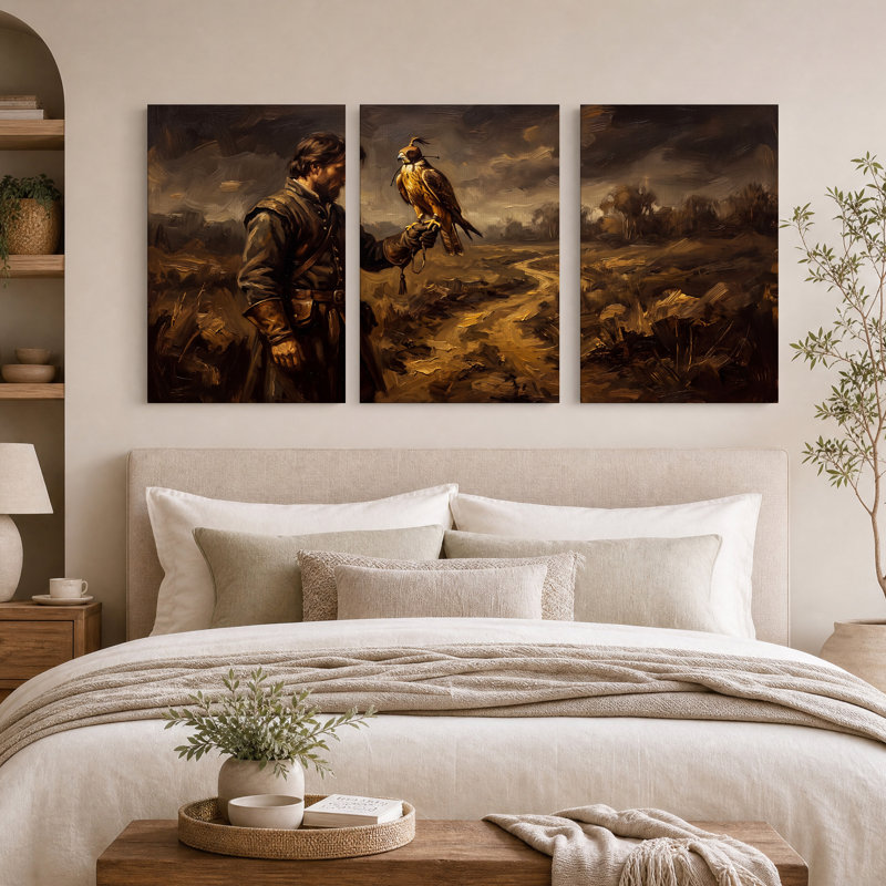 Ensemble de 3 toiles murales représentant un fauconnier et son faucon doré dans un paysage, 18"H x 12"W x 3pcs