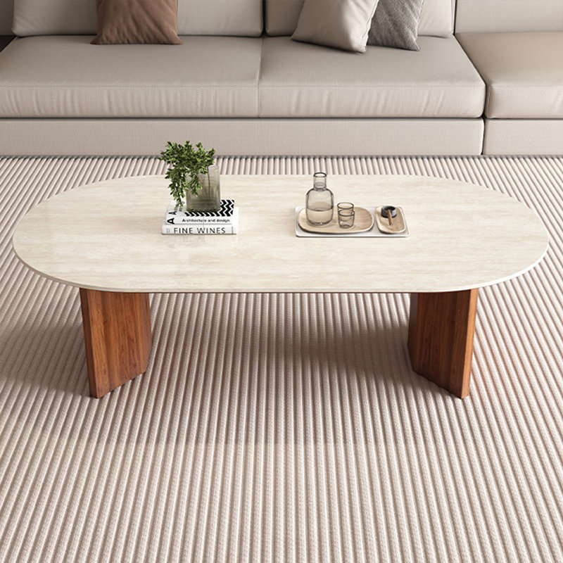 Table basse en pierre blanche avec pierre ovale, Noyer, H 15,75 po x L 47,24 po x l 23,62 po