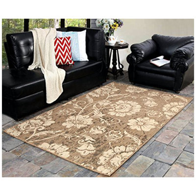 Tapis brun/beige à motif de feuilles tissé à plat Derlyum