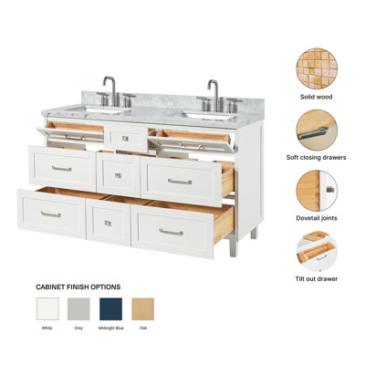 Meuble-lavabo double lavabo ARIEL Monroe de 61 po en bois massif blanc avec comptoir en marbre de Carrare italien de 1,5 po, lavabo rectangulaire central