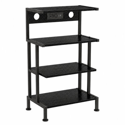 4-Tier Gaming Console Stand with Charging Station, AV Media Shelf with 3 Outlets and 2 USB for PS5 Xbox Switch, Black/Brown