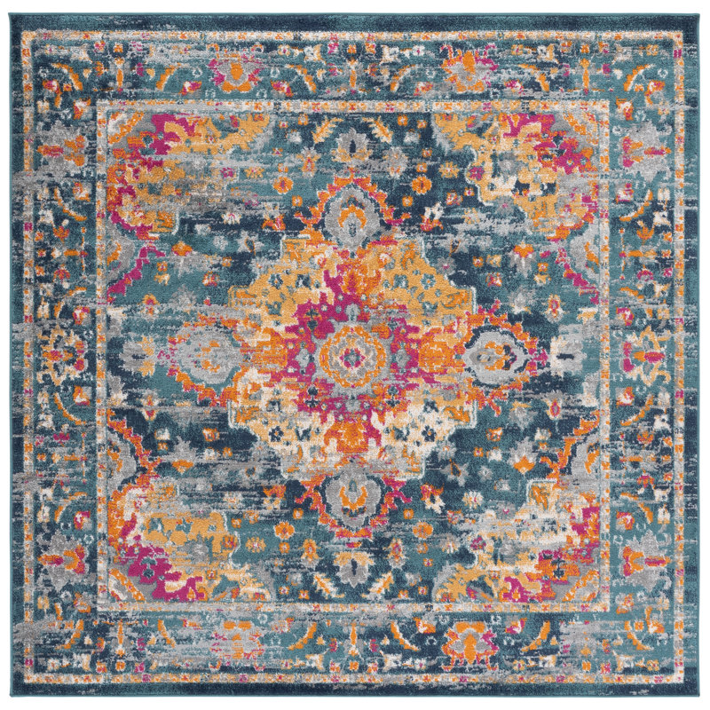 Tapis bleu sarcelle / fuchsia Christa, Carré 6 pi 7 po
