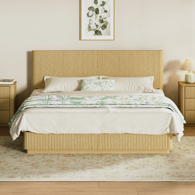 Kind Size Bed Frame With LED Lights, Modern Wooden Corrugated Curved Lines, Convex Groove Board Design