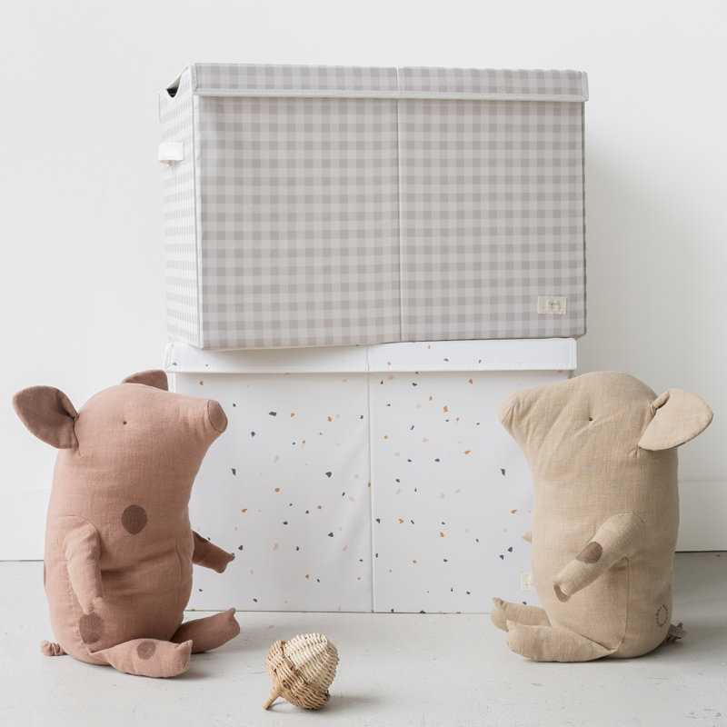 Coffre de rangement en tissu recyclé avec 3 pousses, Vichy beige