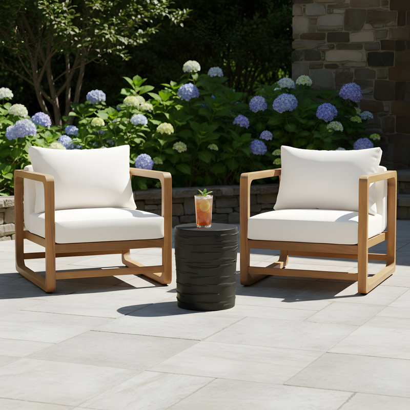 Ghodke Outdoor 3-Piece Acacia Wood Conversation Set With Cushions, 3 Pcs: Table, 2 Chairs