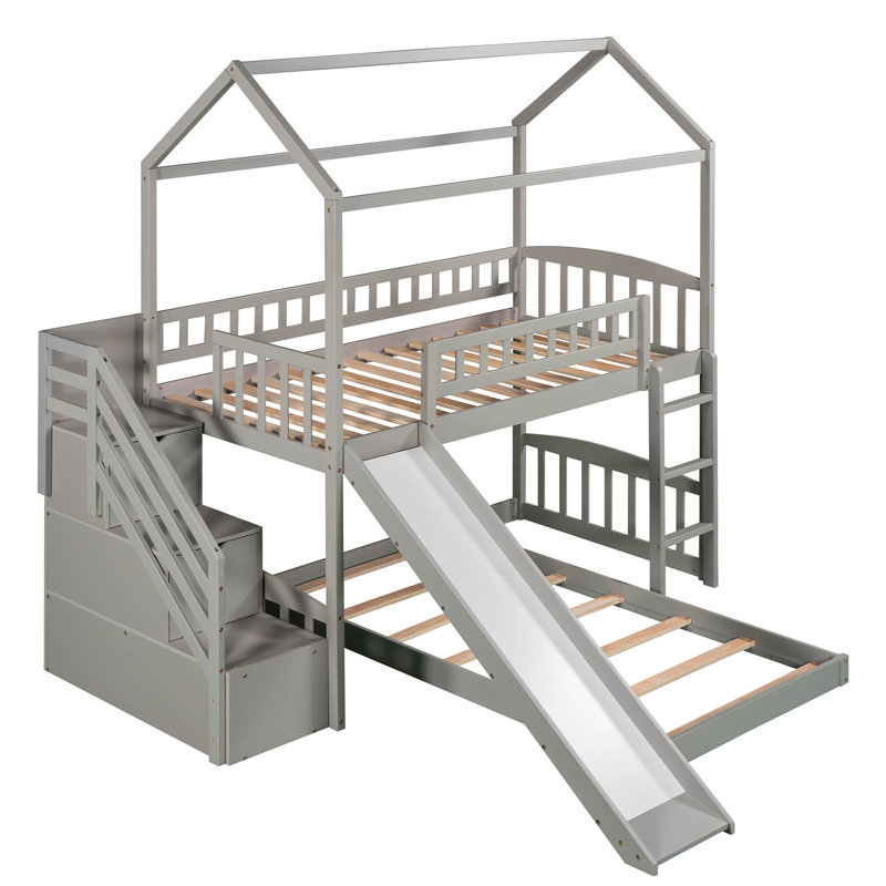 Twin Over Twin Bunk Bed With Two Drawers And Slide, House Bed With Slide, White, Gray