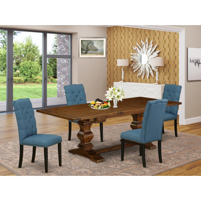 5 Piece Kitchen Set for 4 Includes a Rectangle Removable Leaf Dining Table and 4 Blue Linen Fabric Upholstered Chairs, Antique Walnut