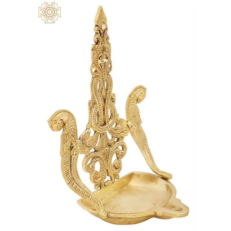 8-Inch Superfine Brass Parrot Couple Oil Lamp, Handcrafted Diya for Altar & Decorative Lightin