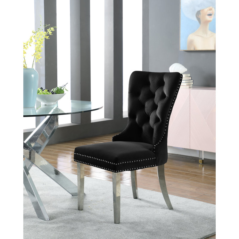 Carmen 19.5'' H Tufted Velvet Upholstered Parsons Chair, Black Velvet, Gold