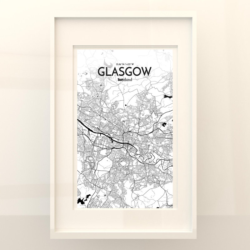 Carte de la ville de Glasgow, impression à l'encre, H 17 po x l 11 po, Noir / blanc