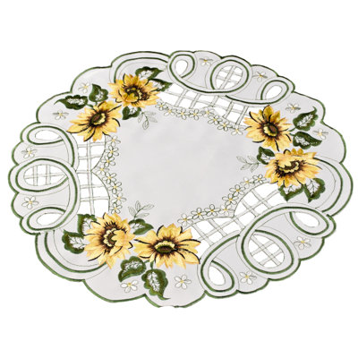 Napperon brodé tournesol à feuilles vertes (15 pouces de diamètre)