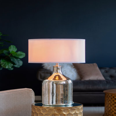 Table Lamp  - Silver Round  With White With Fabric Shade