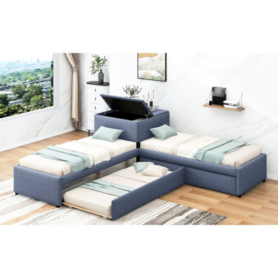 Lit simple tapissier en forme de L avec tiroirs - Lit gigogne et bureau intégré pour une utilisation efficace, taille grise procurant amplement d'espace de rangement