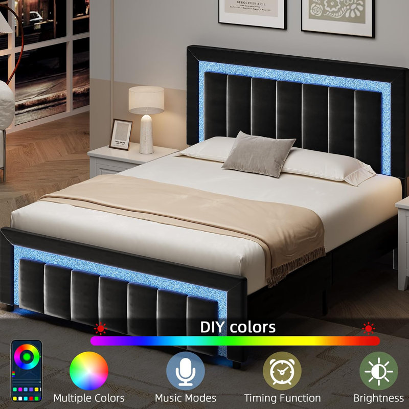 LED-lit and velvet-upholstered bed frame with a modern diamond headboard that is adjustable, Black, Full