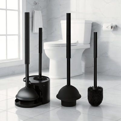 2-In-1 Toilet Brush And Plunger Set With Extended Handle Design, Multi-Functional Bathroom Cleaning Tool Combination, Black